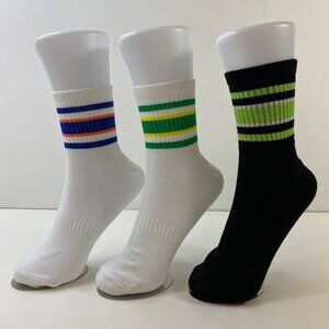 Unisex Retro Striped Crew Socks 3 Pack Ribbed Cuff White Black Blue Green